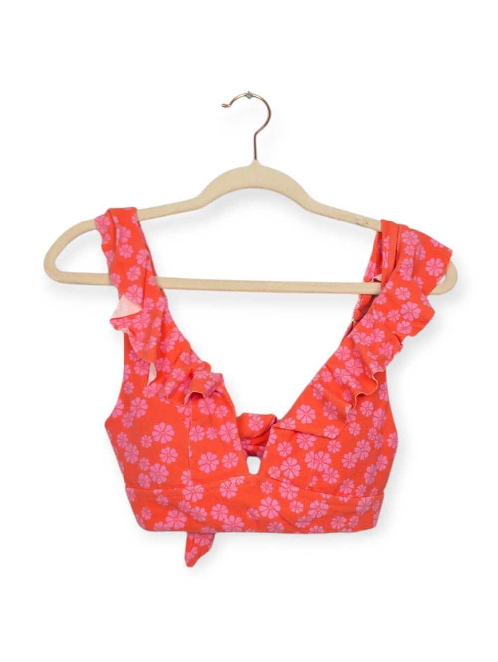 Raisins Ruffle Bikini Top M Reddish Orange & Pink Floral Print Swim Top